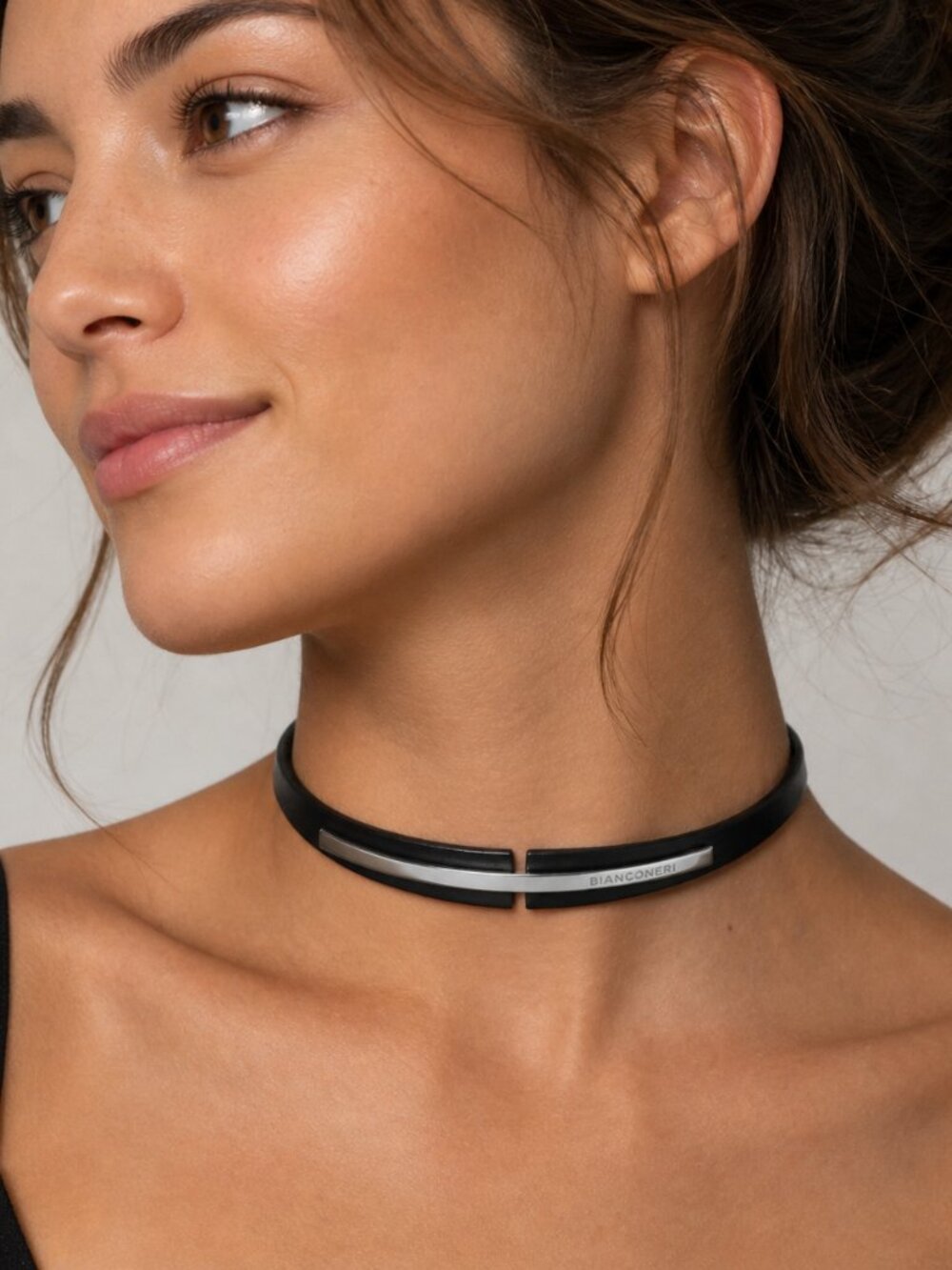 Pianegonda Italy 925 Sterling Silver Bar Leather Choker Necklace Modernist Desig